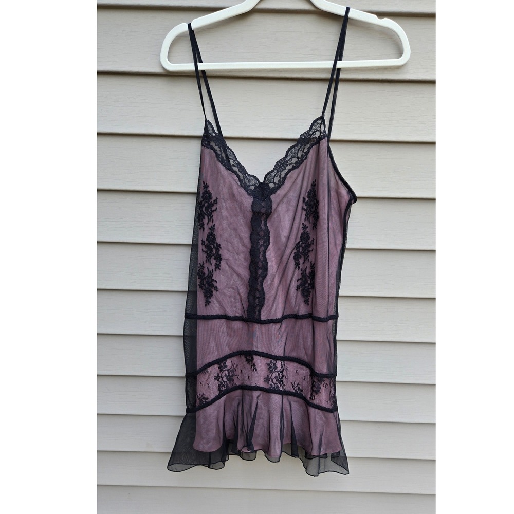 California Dynasty Mauve Pink Black Mesh Lace Trim Chemise Nightgown Small